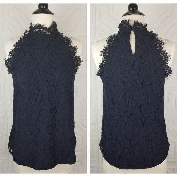 Jonesy Tops - Jonesy Navy Blue Lace Mock Neck Tank Top